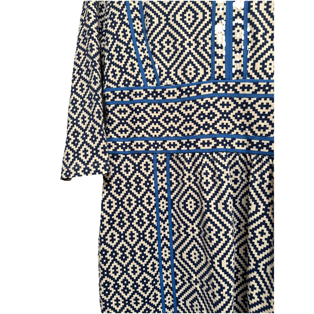 J. McLaughlin A Line V Neck 3/4 Sleeve Side Zip Dress Sz M Blue Geometric Nylon - Picture 4 of 10
